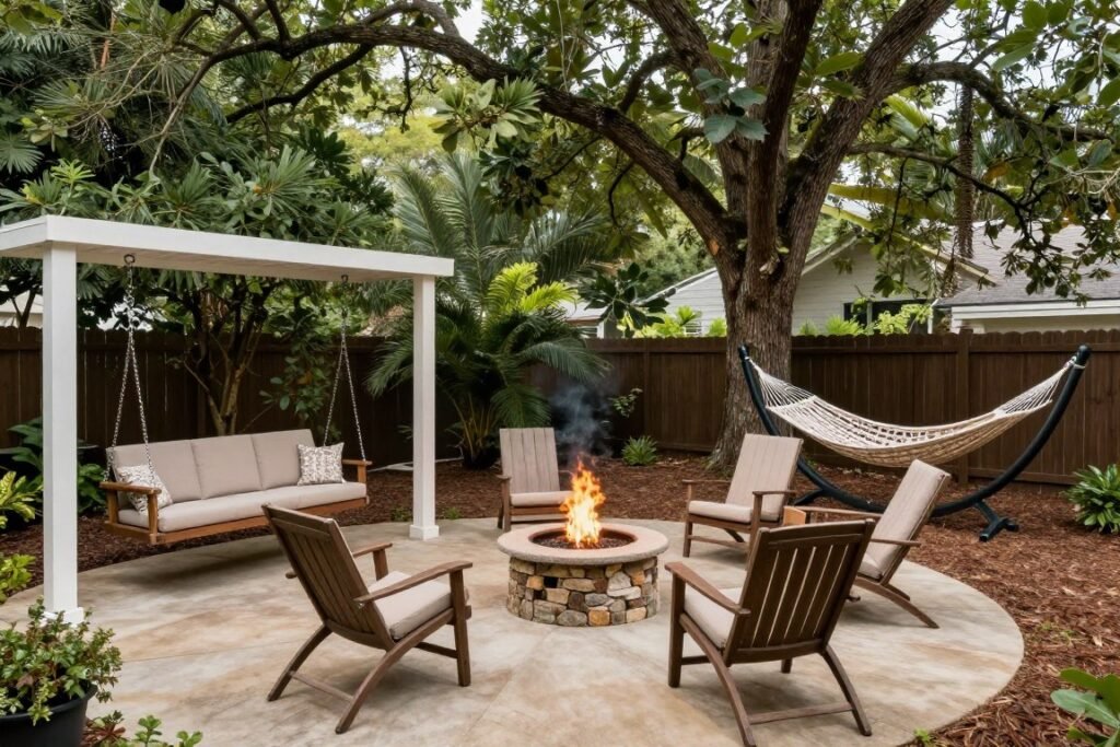 porch swing and hammock near fire pit area