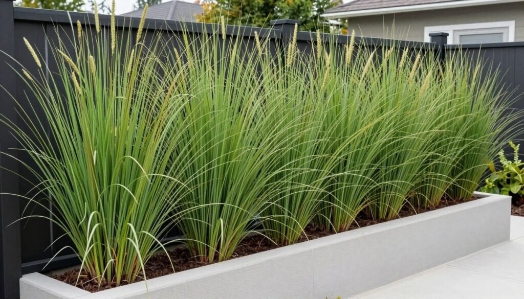 privacy screen made of tall ornamental grasses along small backyard fence