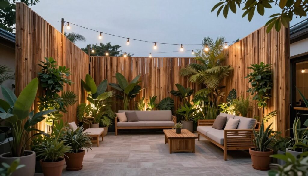 private outdoor living space with privacy screening and lush plants