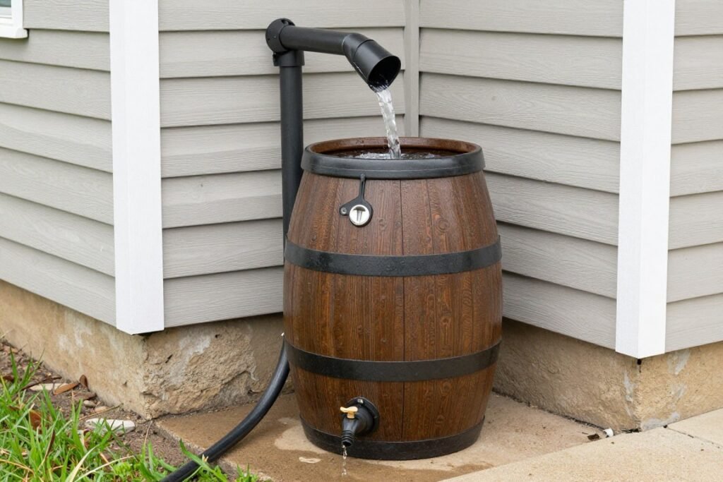 rain barrel collection system connected to house downspout
