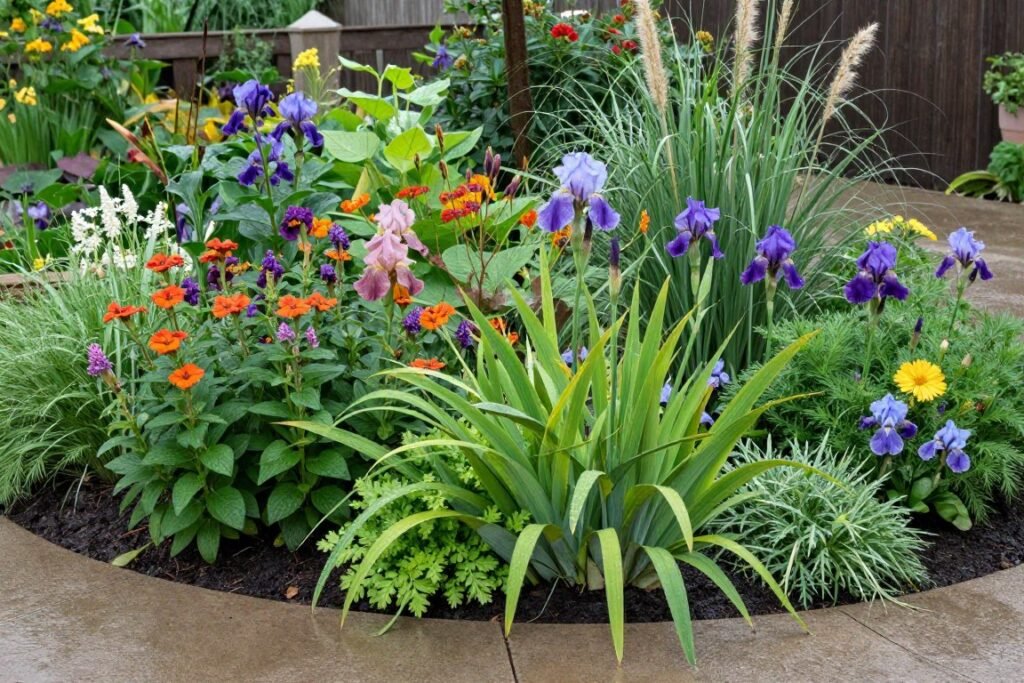 rain garden with moisture-loving plants thriving in wet conditions