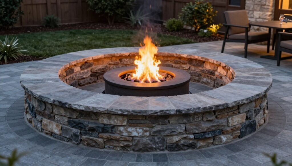 raised fire pit with stone base and wide seating walls