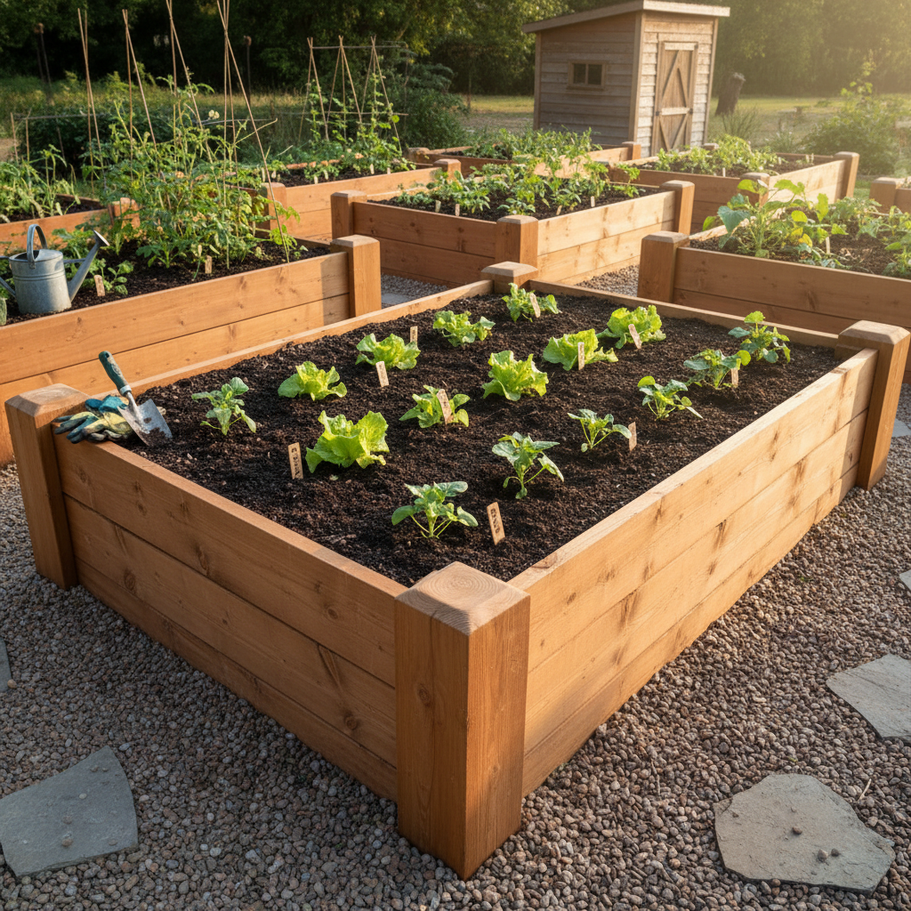 raised garden bed built with cedar boards and corner posts