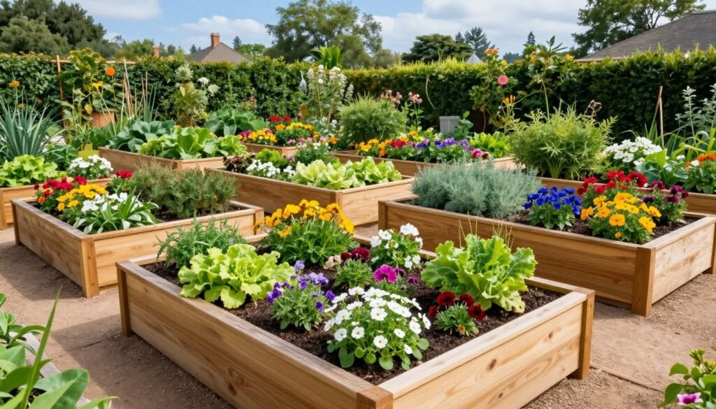 raised garden beds filled with colorful flowers and vegetables in organized rows