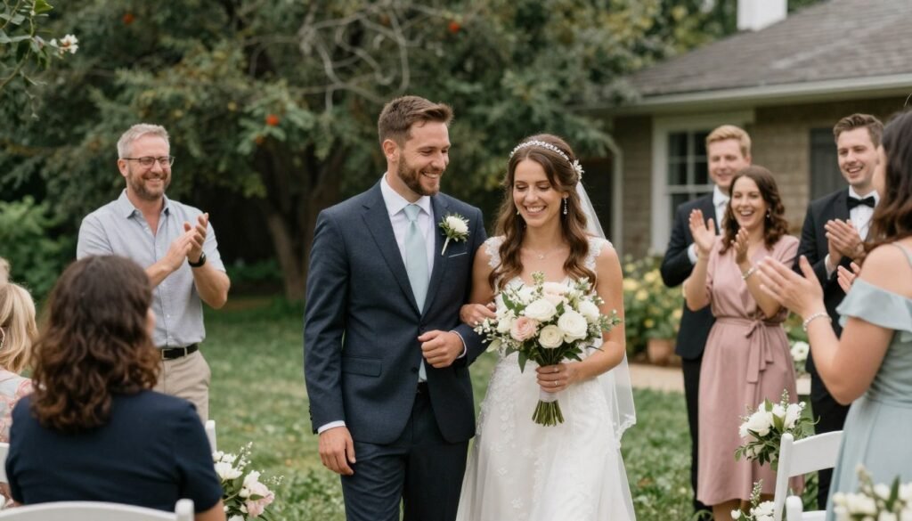 real backyard wedding celebration with happy couple and guests