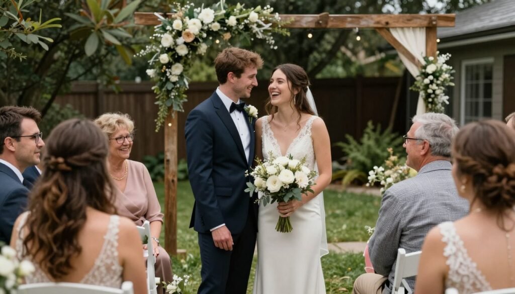 real couple celebrating their small backyard wedding with intimate guest group real couple celebrating their small backyard wedding with intimate guest group