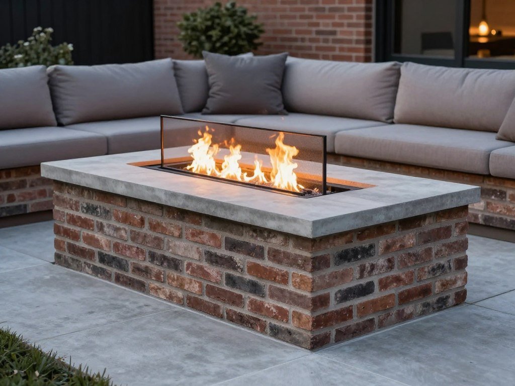 rectangular brick fire pit on patio with modern furniture
