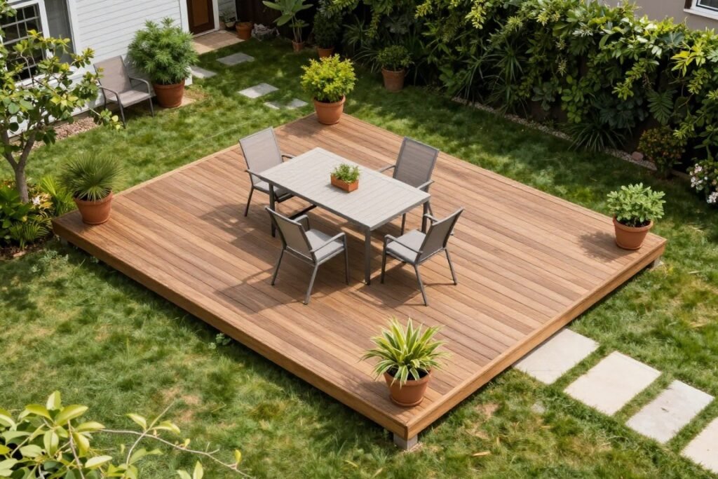 rectangular deck with furniture showing size proportions in small backyard