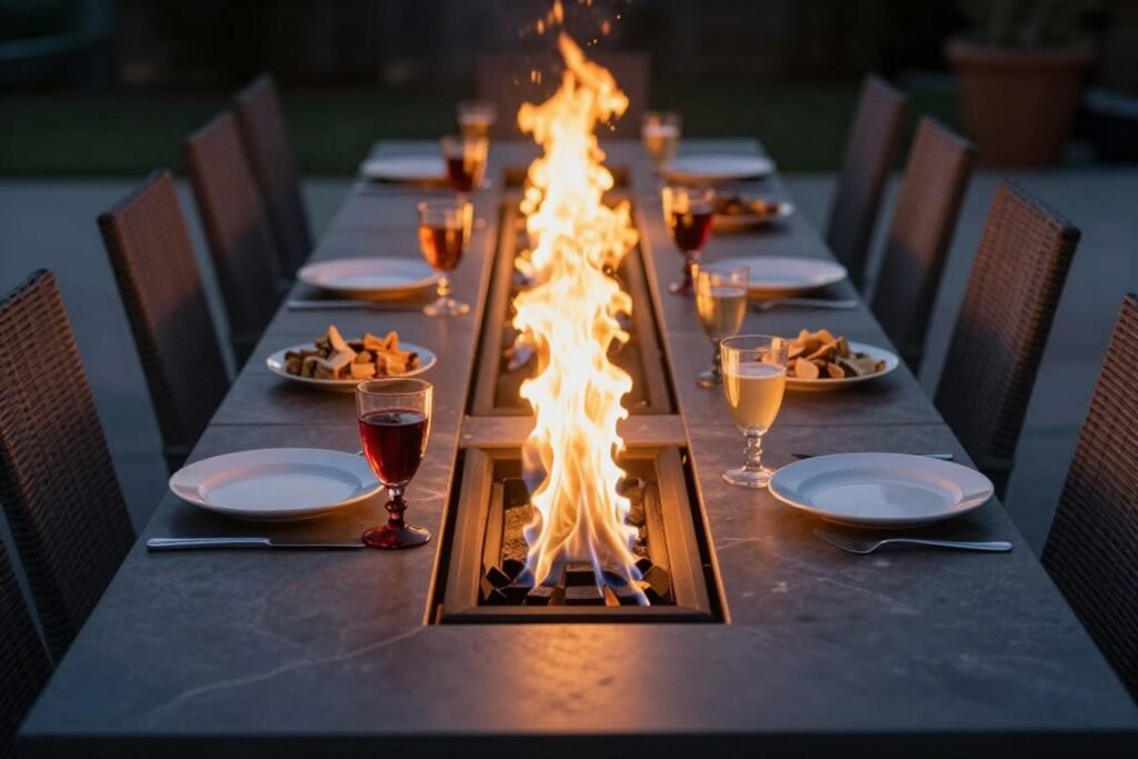 rectangular fire pit table with dining setup