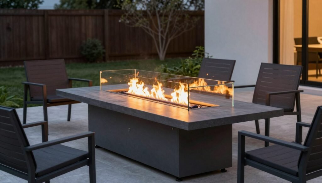 rectangular fire pit table with glass wind guard