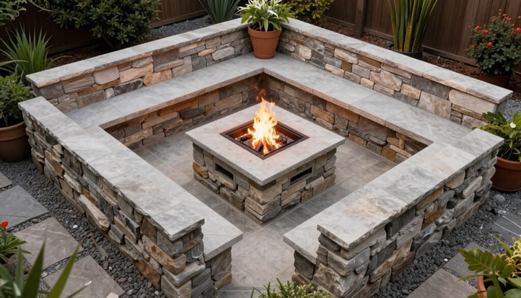 rectangular fire pit zone with built-in bench seating