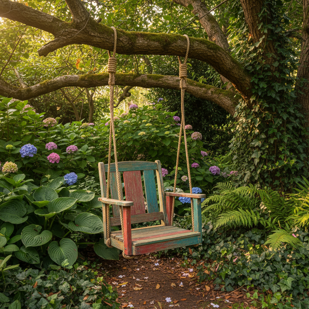 repurposed chair swing hanging from tree branch