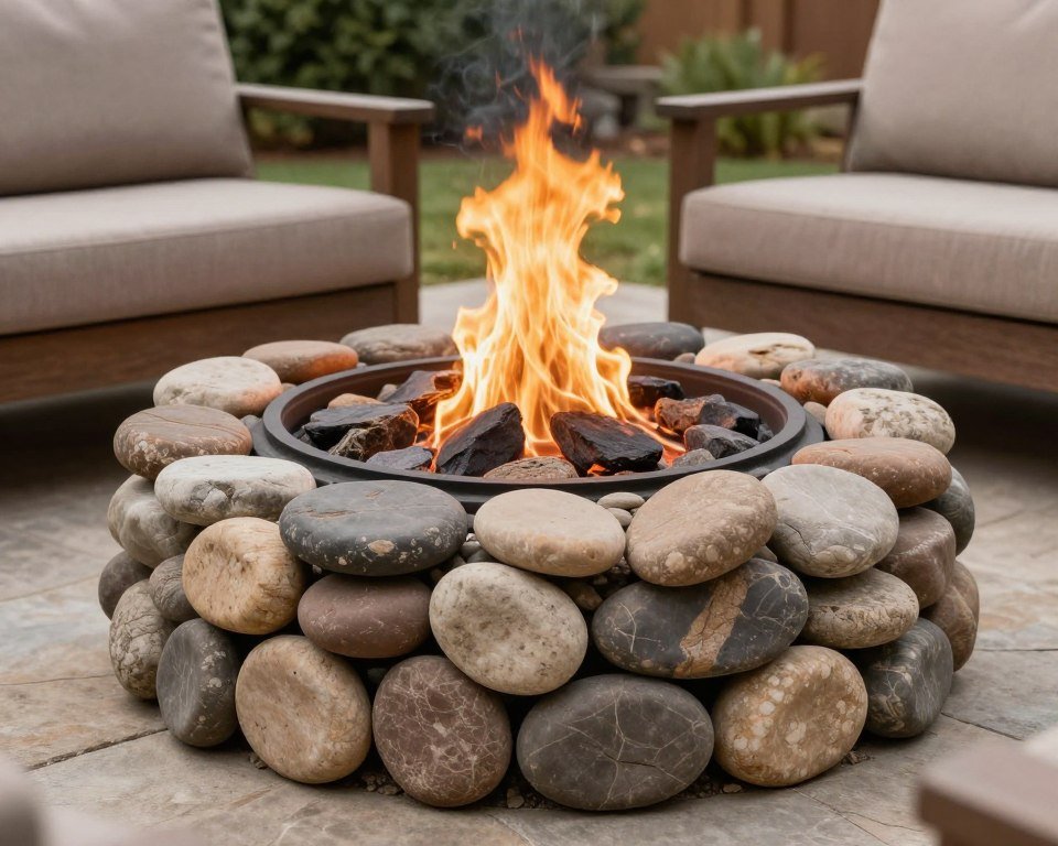 river rock fire pit with smooth stones