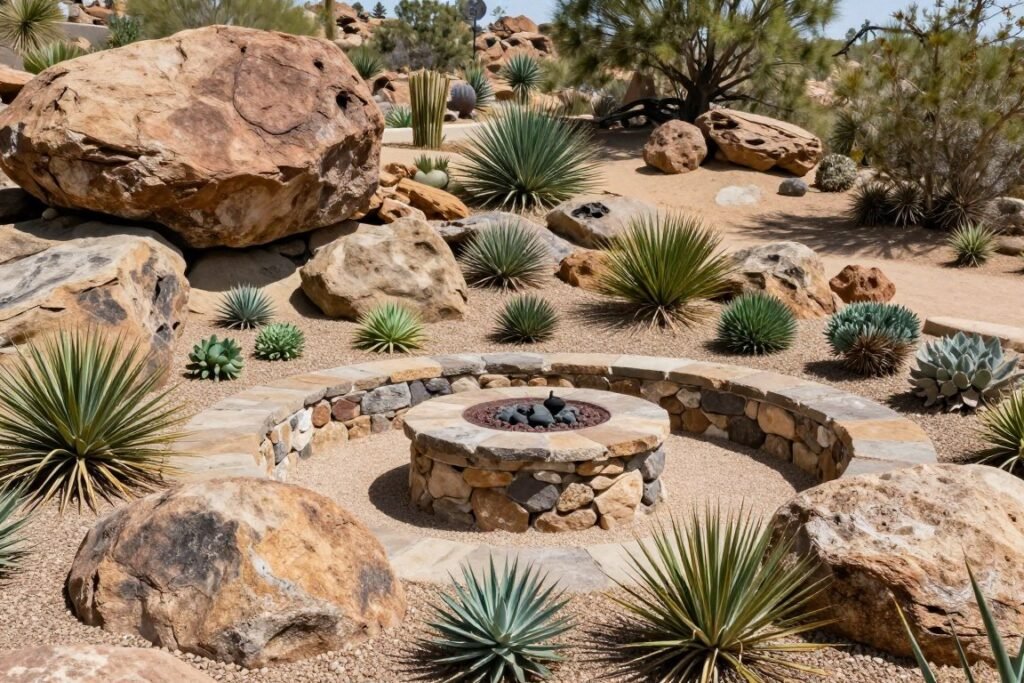 rock garden integrated with fire pit design