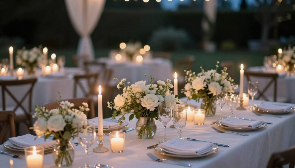 romantic backyard wedding decor with candles and flowers