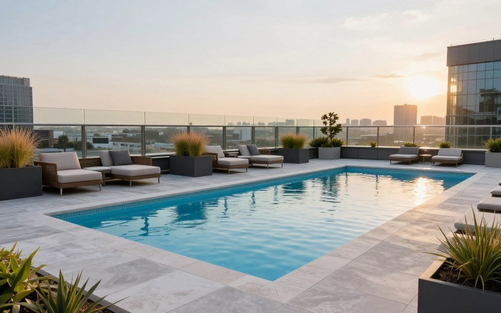 rooftop pool deck with city skyline views and contemporary furniture