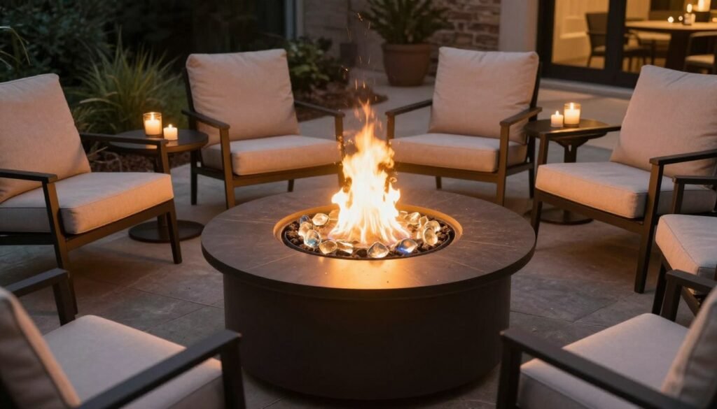 round fire pit table with lounge chairs