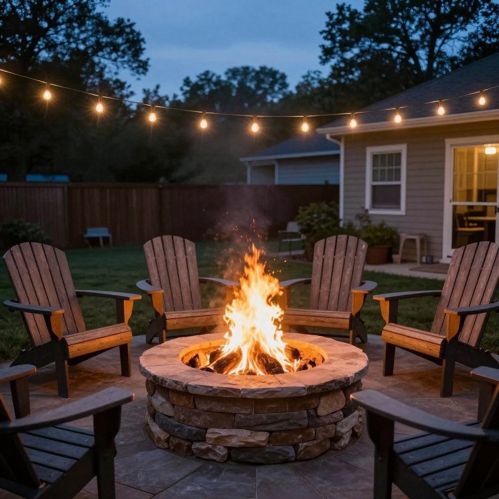 round stone fire pit surrounded by seating in small backyard at dusk