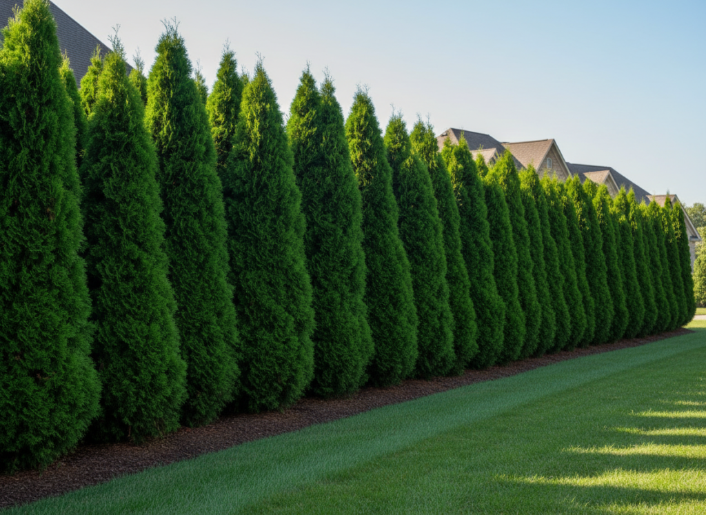 row of tall evergreen shrubs providing privacy screening