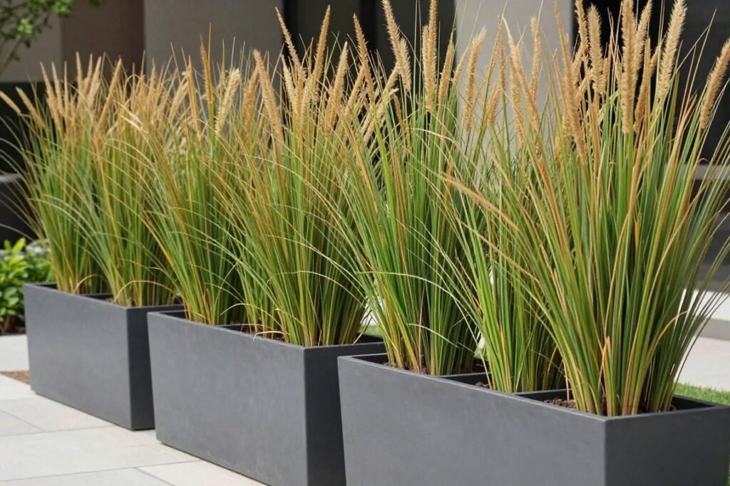 row of tall ornamental grasses in planters providing privacy screening