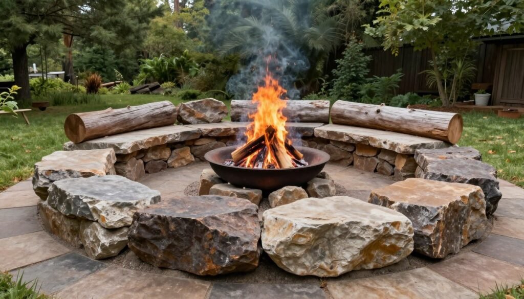 rustic boulder fire pit in natural setting
