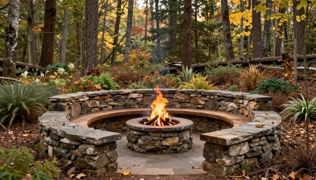 rustic fire pit with natural materials and woodland setting