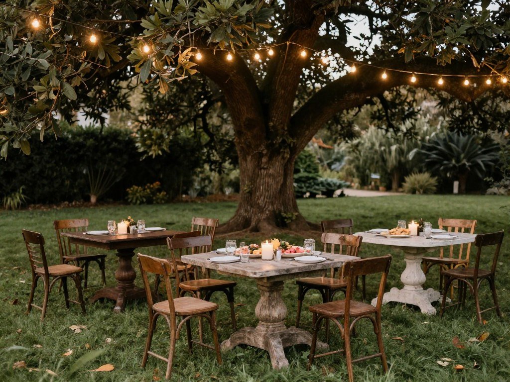rustic garden backyard wedding with vintage wooden chairs and string lights rustic garden backyard wedding with vintage wooden chairs and string lights