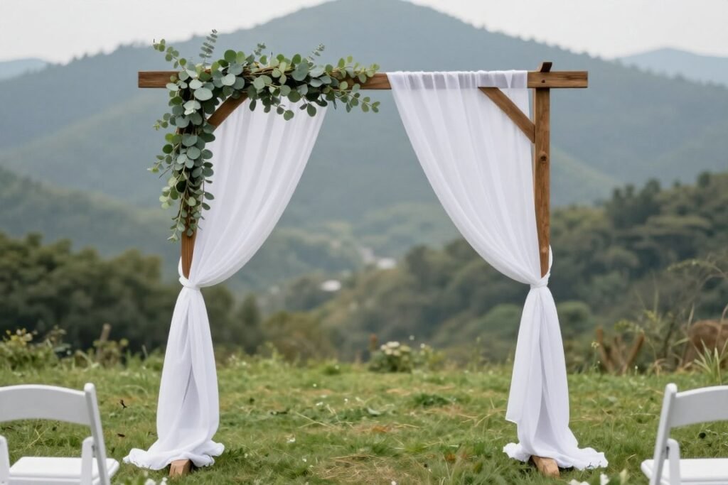 rustic outdoor wedding ceremony arch decorated with white fabric and greenery on a budget