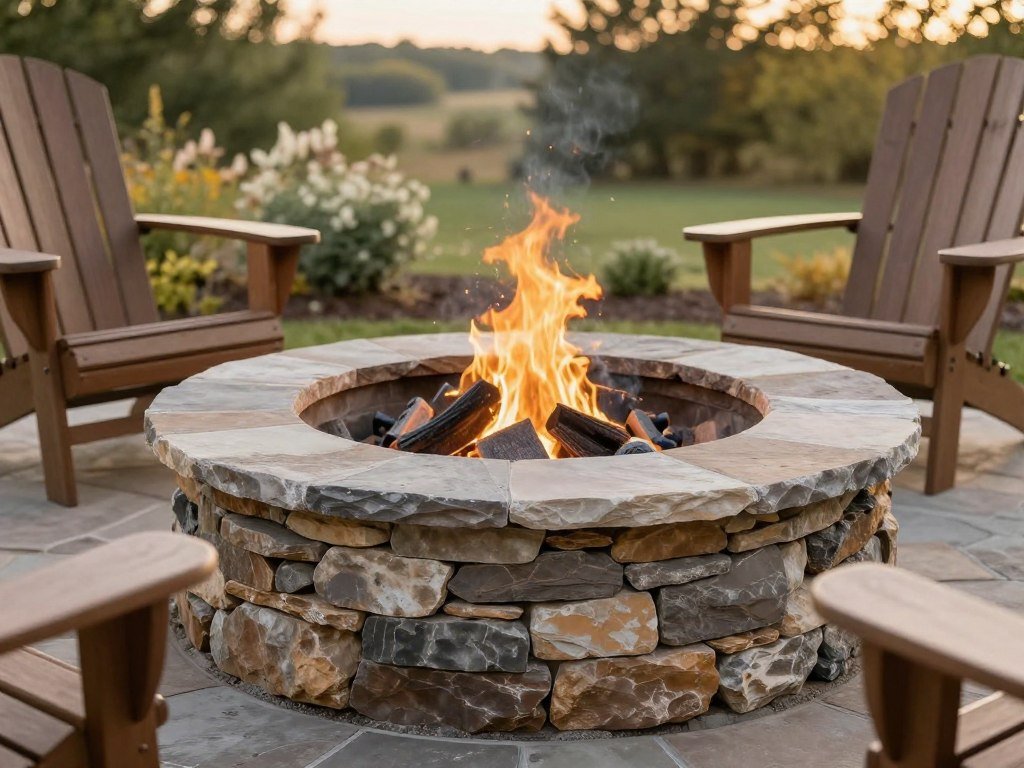 rustic stone fire pit with natural rocks in backyard setting