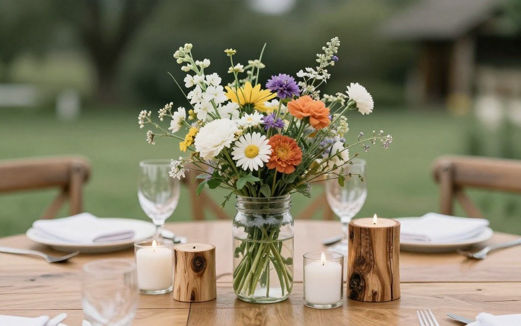 rustic wedding centerpiece with wildflowers and natural elements