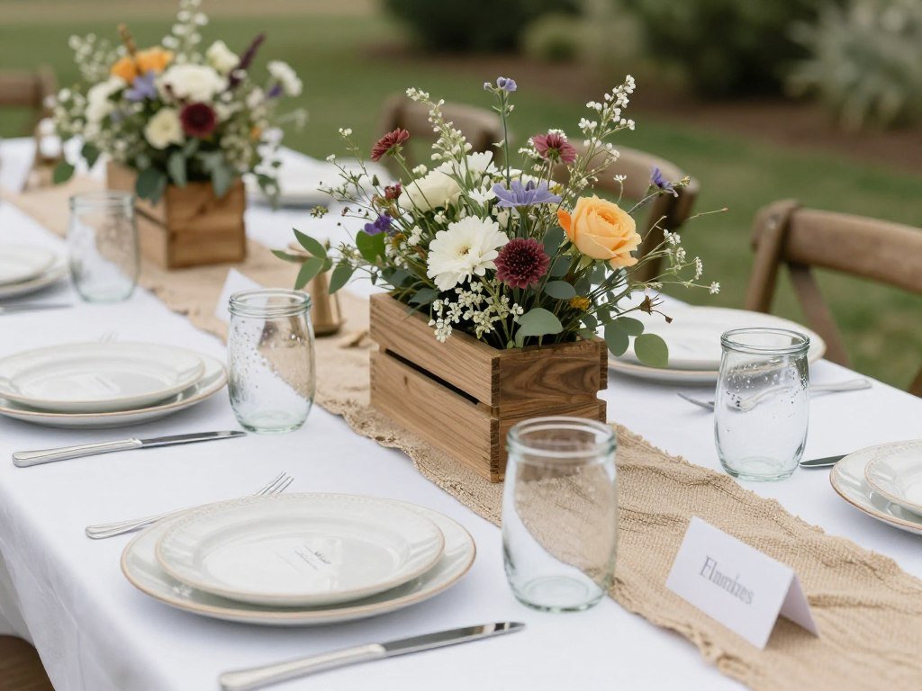 rustic wedding table setting with simple centerpiece and budget-friendly decorations