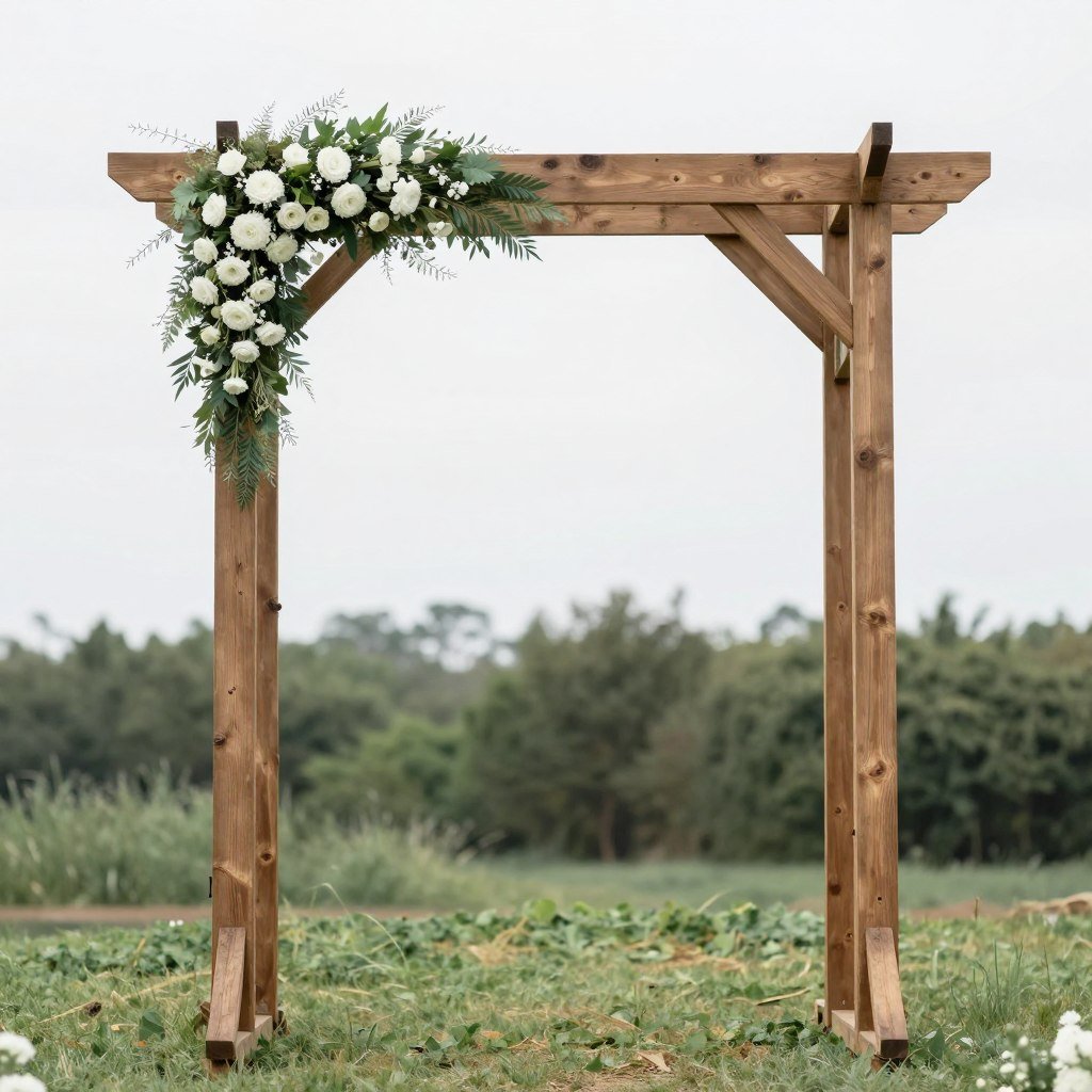 rustic wooden wedding arch with minimal floral decoration