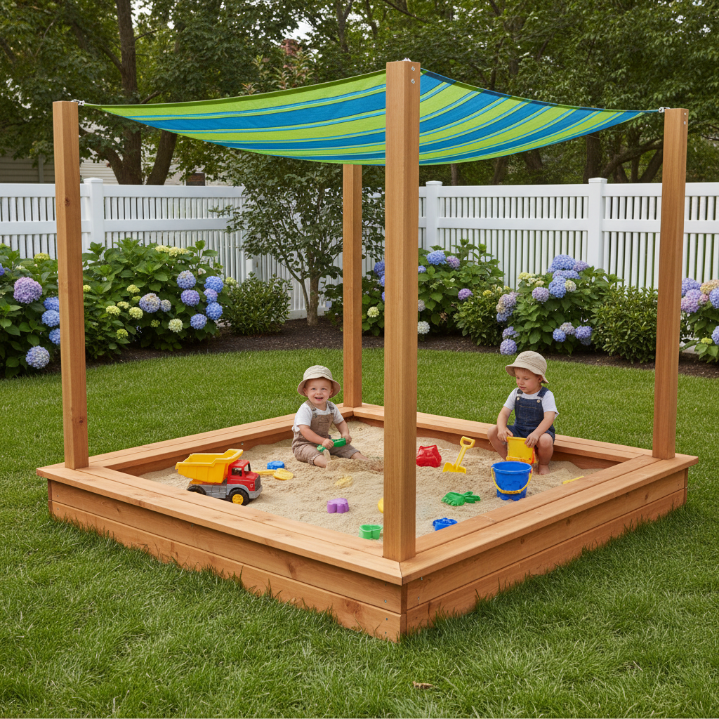 sandbox play area with bench border and toys