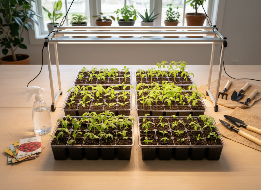 seed starting trays with young seedlings under grow light