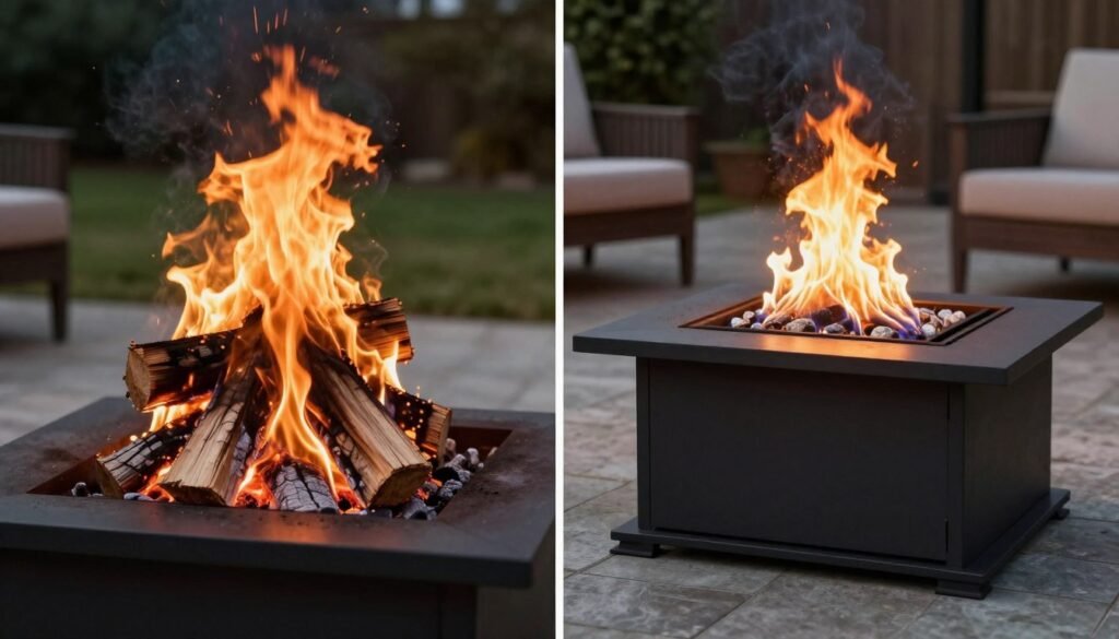 side by side comparison of wood burning and gas fire pits