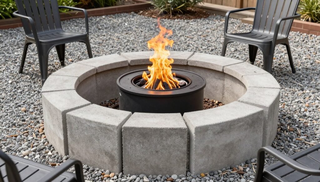 simple concrete block fire pit with gravel surround