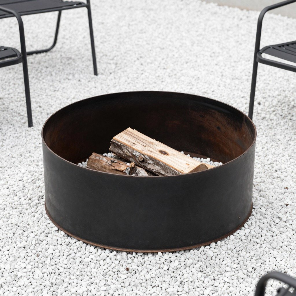 simple steel ring fire pit on gravel patio
