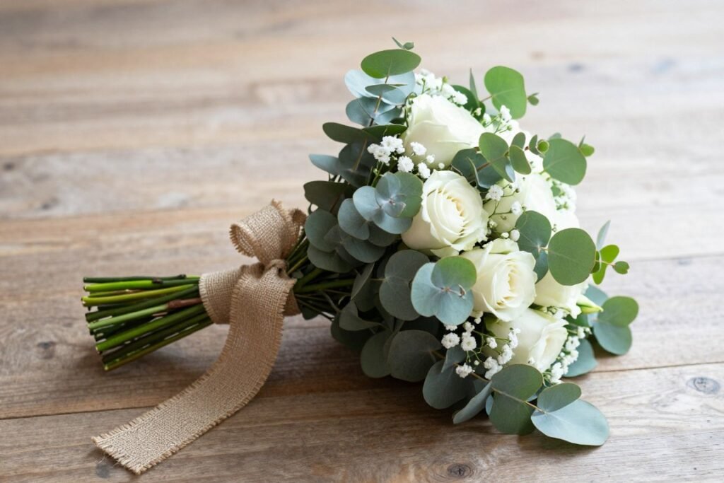 simple wedding bouquet with greenery and white flowers