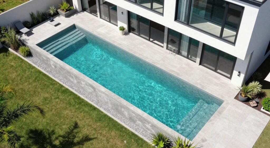 sleek narrow lap pool along side of modern house with minimalist landscaping