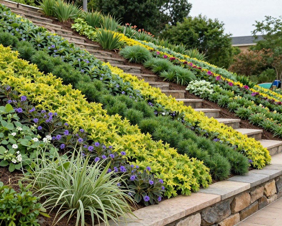 slope covered with groundcover plants and stone steps for access