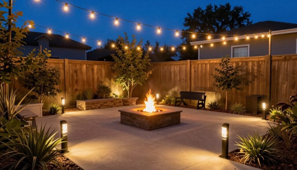 small backyard at dusk with various lighting elements creating ambiance