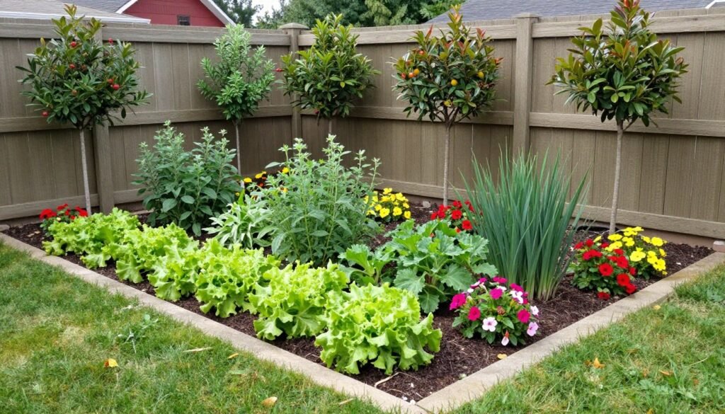 small backyard combining ornamental and edible plants in attractive design