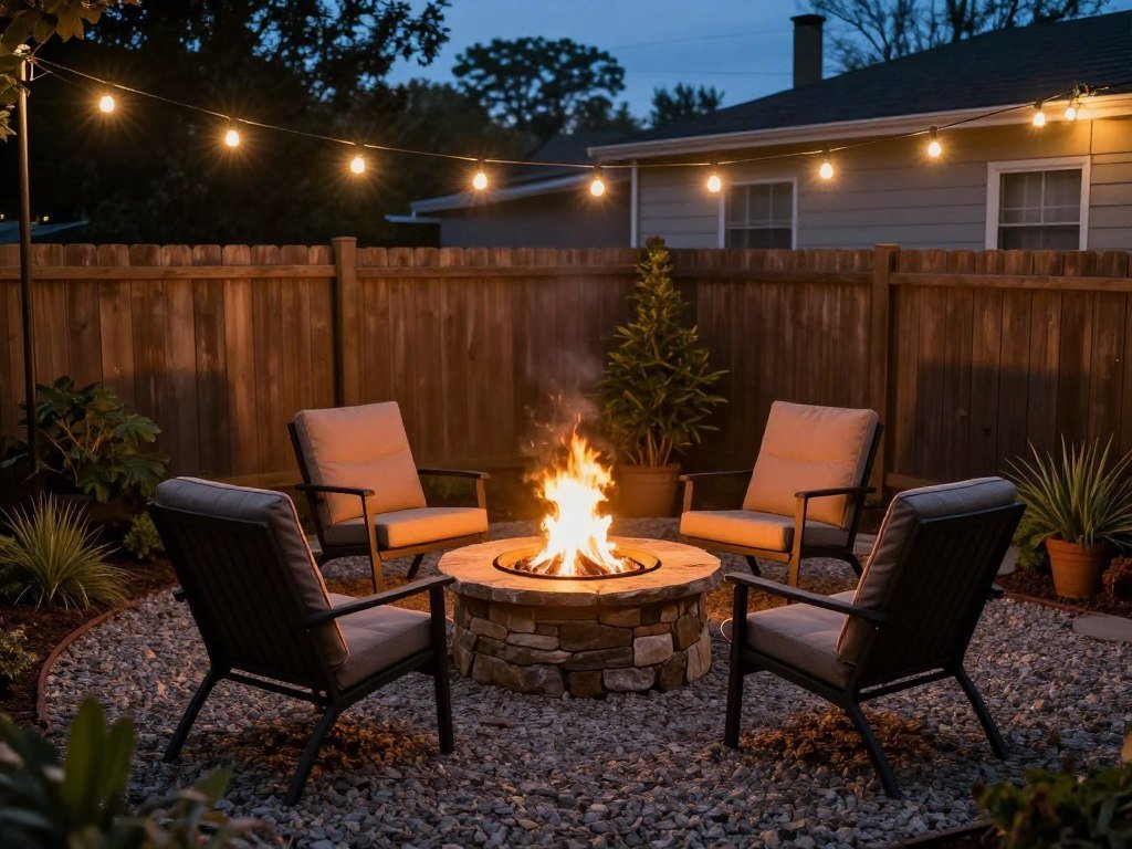 small backyard fire pit surrounded by comfortable seating and ambient lighting