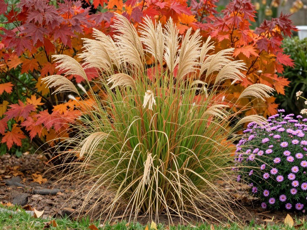 small backyard in autumn showing ornamental grasses and fall color