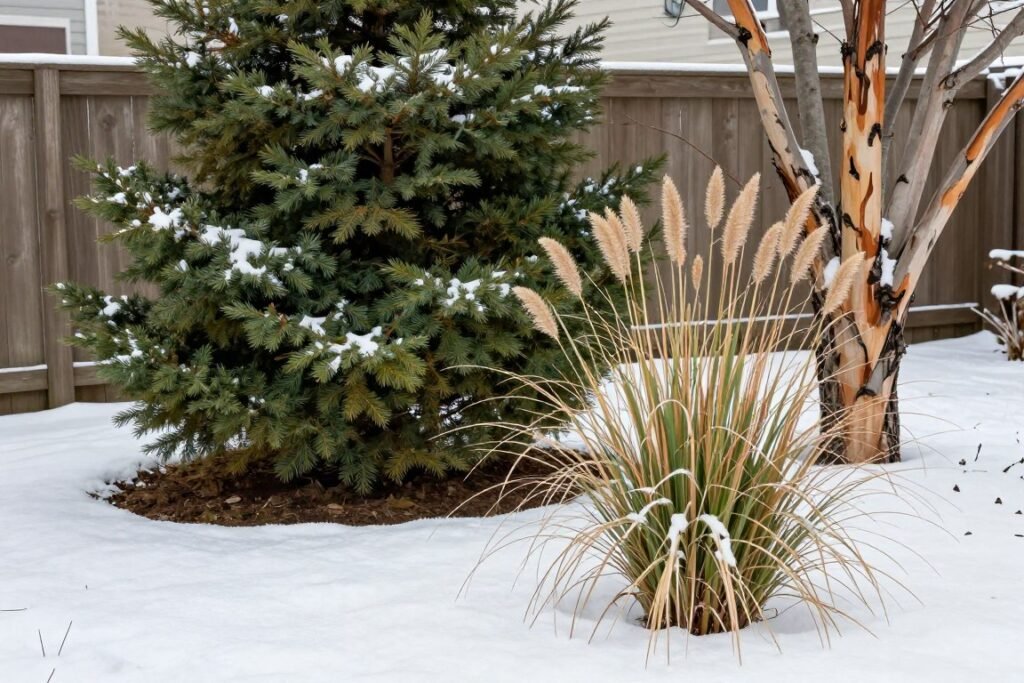 small backyard in winter with evergreen structure and interesting bark