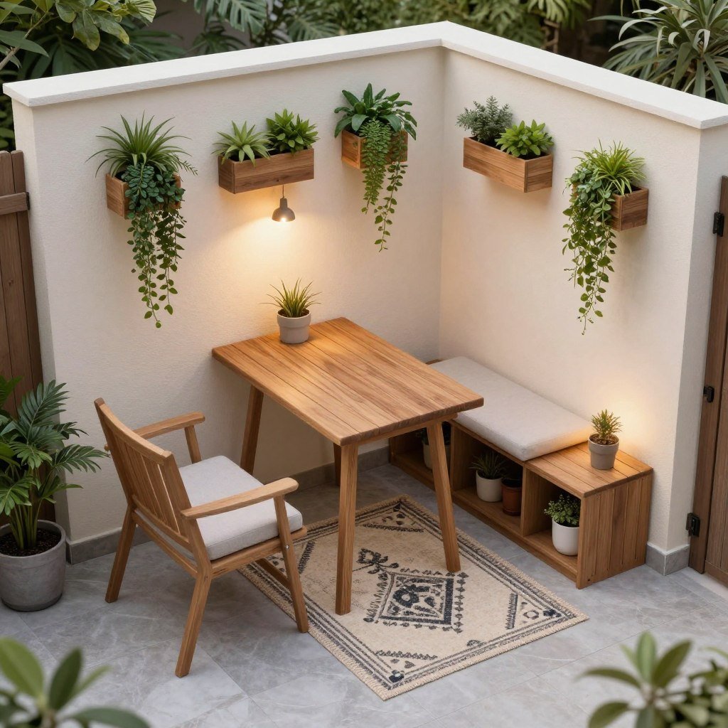 small backyard patio with space-saving furniture and vertical garden