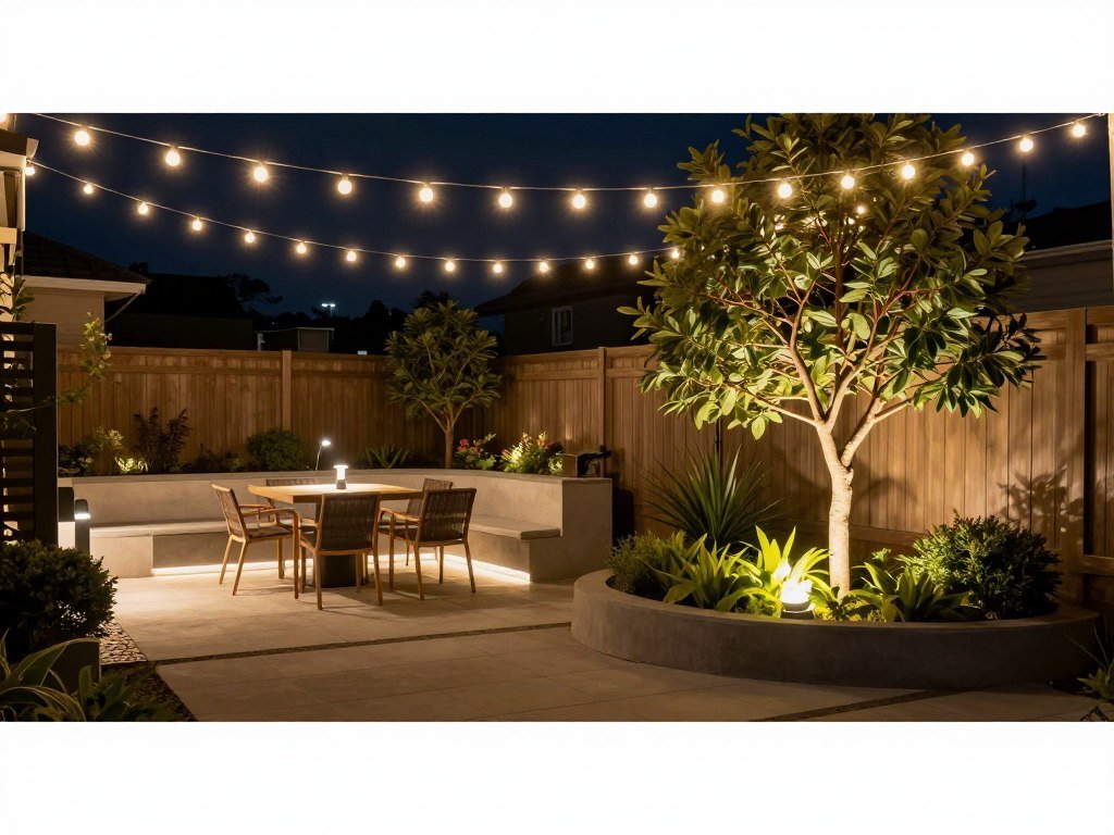 small backyard showing layered lighting with ambient, task, and accent lights