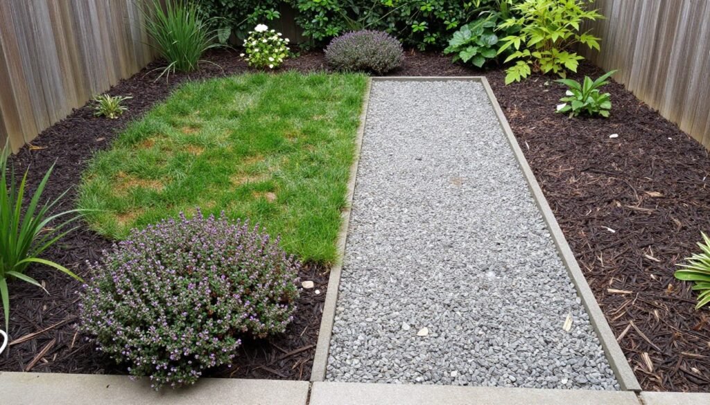 small backyard showing multiple ground cover types in different zones