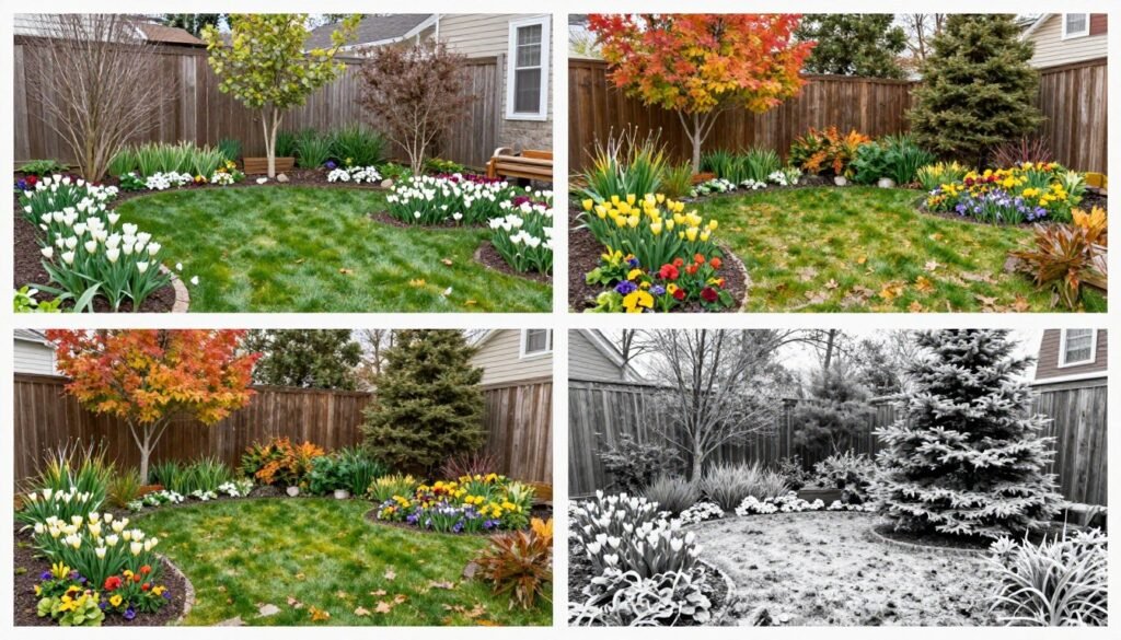 small backyard showing plants with different seasonal interest throughout the year