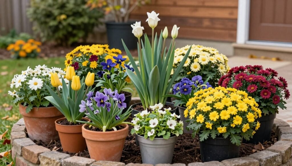 small backyard showing seasonal container gardens in different areas